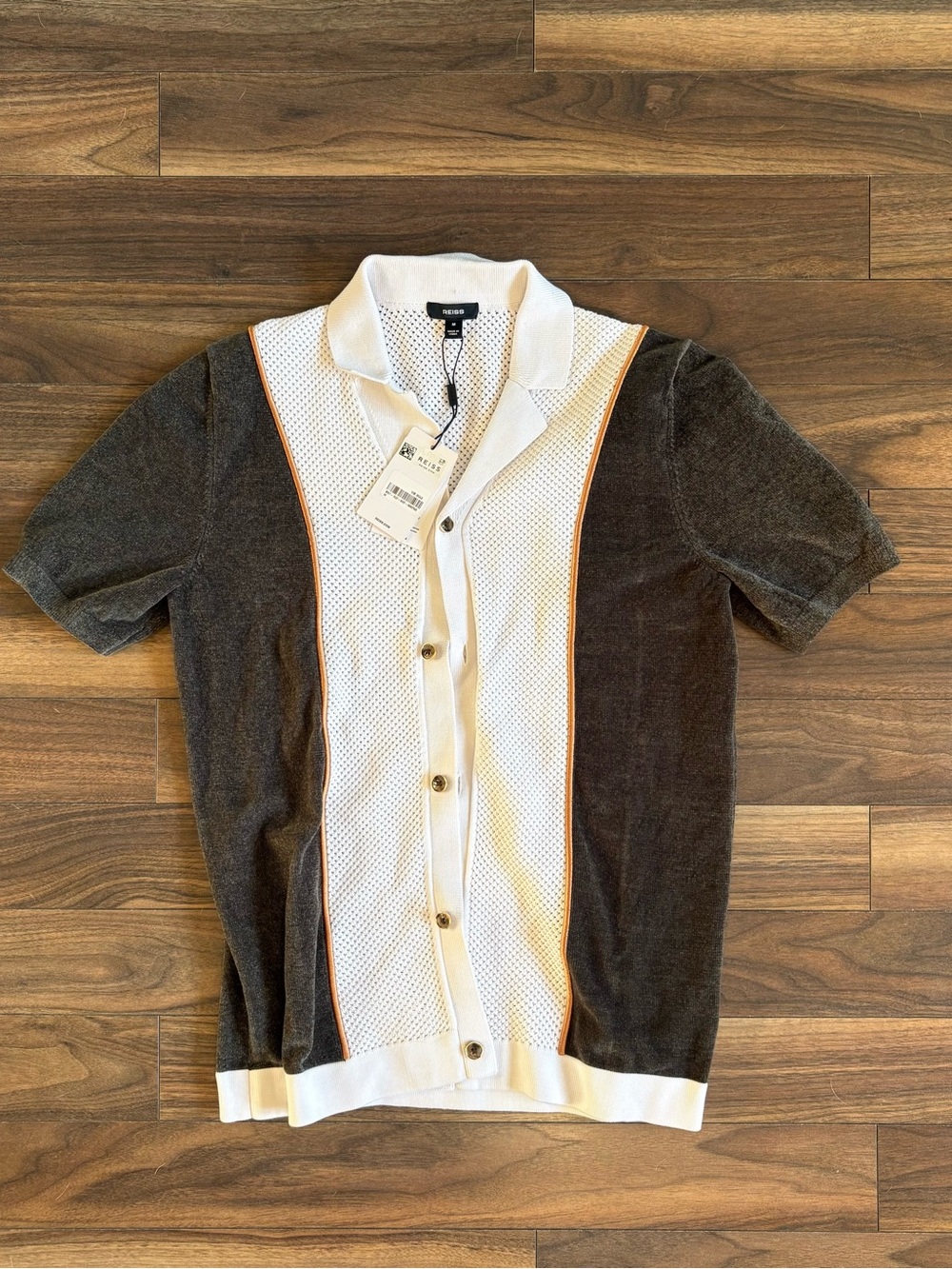 Reiss Brown Cuban Polo with White Center Panel and Orange Trim
